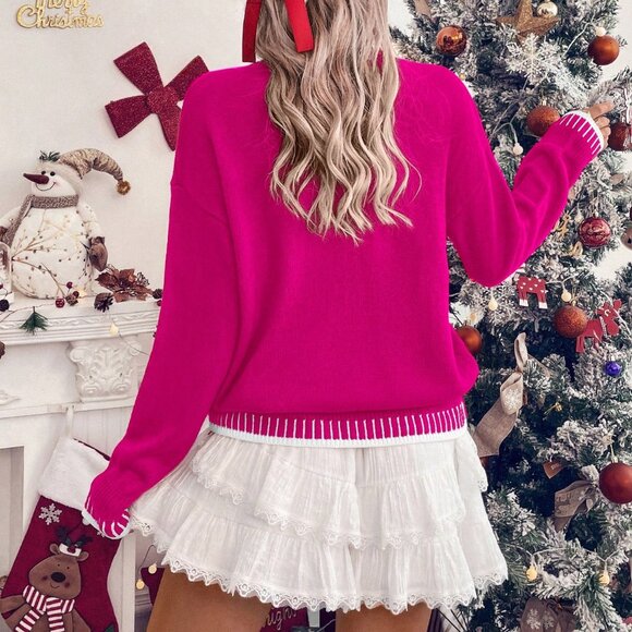 Hot Pink Casual Women's Long Sleeve Ugly Christmas Sweater - Picture 2 of 7